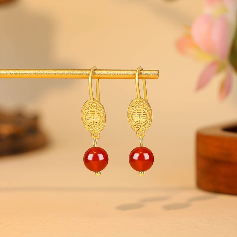 Gold Plated Jewelry - หยกแดงธรรมชาติ ต่างหูลูกปัด เครื่องราง เครื่องประดับแท้ หรูหรา ชุบทอง