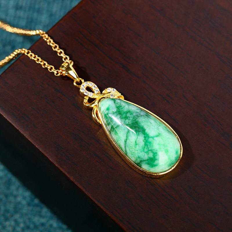 Gold Plated Jewelry - สร้อยคอจี้หยดน้ำหยกธรรมชาติ แกะสลักจากหินอัญมณี เครื่องประดับแท้ สไตล์วินเทจ ชุบทอง 18K