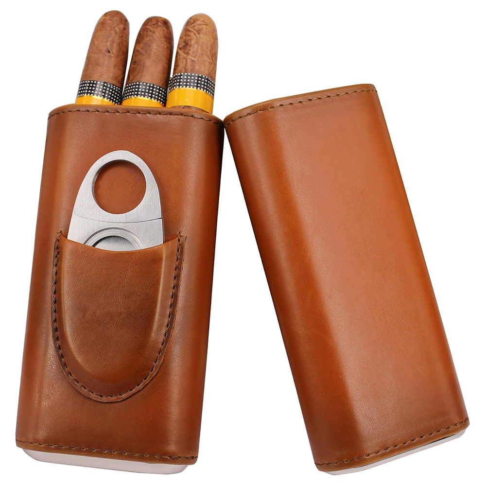 Premium Cigar Case - LMETJMA กล่องใส่ซิการ์หนัง 3 นิ้ว พร้อมที่ตัดซิการ์ กล่องใส่ซิการ์แบบพกพาสำหรับเดินทาง