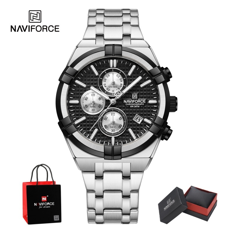 Luxury Watch Men - นาวิฟอร์ซ นาฬิกาควอตซ์โครโนกราฟสำหรับผู้ชาย กันน้ำ มีเข็มเรืองแสง แสดงวันที่ ตัวเรือนสแตนเลส