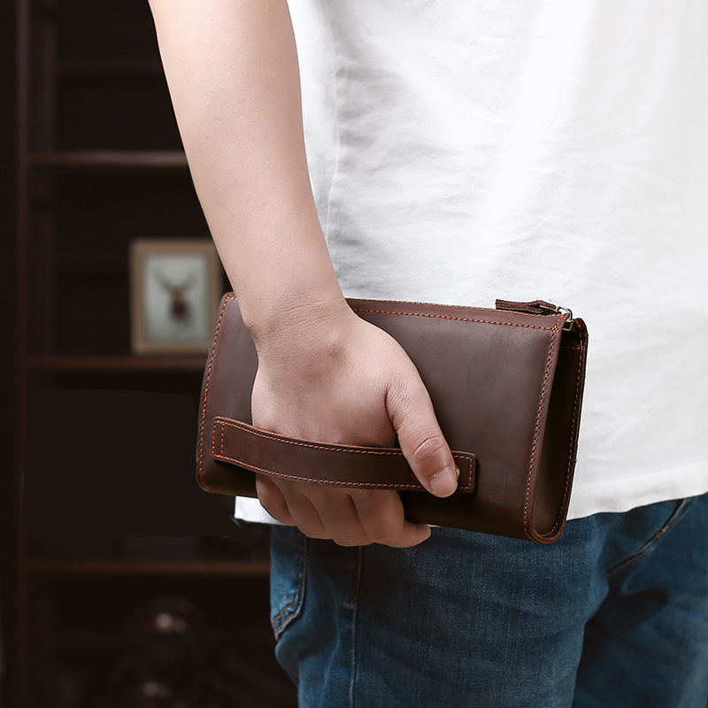 Leather Wallet Men - กระเป๋าคลัทช์ผู้ชายทรงยาว กระเป๋าถือธุรกิจสไตล์วินเทจ หนังวัวแท้ กระเป๋าสตางค์ยาวสำหรับผู้ชายและผู้หญิง กระเป๋าซิป