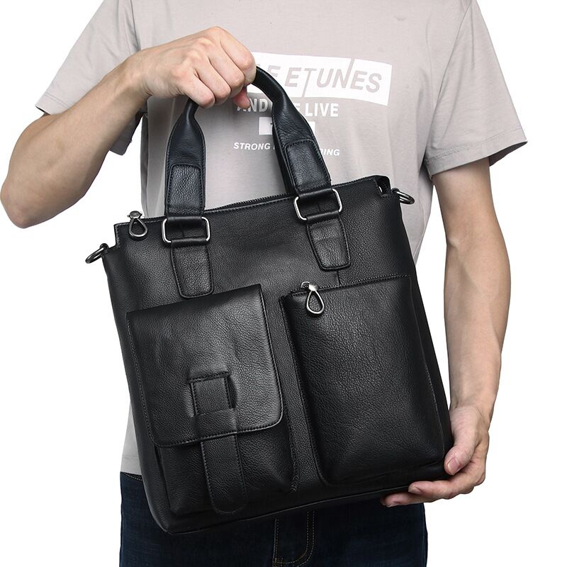 Leather Briefcase - ชายแนวตั้งกระเป๋าถือชายหนังแท้กระเป๋าถือผู้ชาย Cowhide หนังไหล่กระเป๋าขนาดใหญ่กระเป๋าเดินทาง Crossbody กระเป๋า