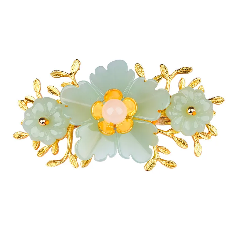 Gold Plated Jewelry - กิ๊บติดผมหยกสีเขียวออกแบบสวยงามกิ๊บติดผมสีเขียวทอง18K เครื่องประดับแฟชั่นวินเทจธรรมชาติเครื่องประดับคลิปผมจริง