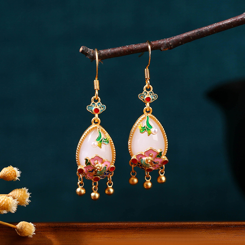 Gold Plated Jewelry - ต่างหูหยกธรรมชาติ ดีไซน์สวยงาม ของแท้ งานวินเทจ ชุบทอง 18K