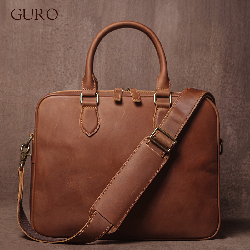 Leather Briefcase - GURO Men Crazy Horse Cowhide กระเป๋าเอกสารหนังแท้กระเป๋าถือน้ําหนักเบากระเป๋าสะพายแฟ้มแล็ปท็อปกระเป๋า