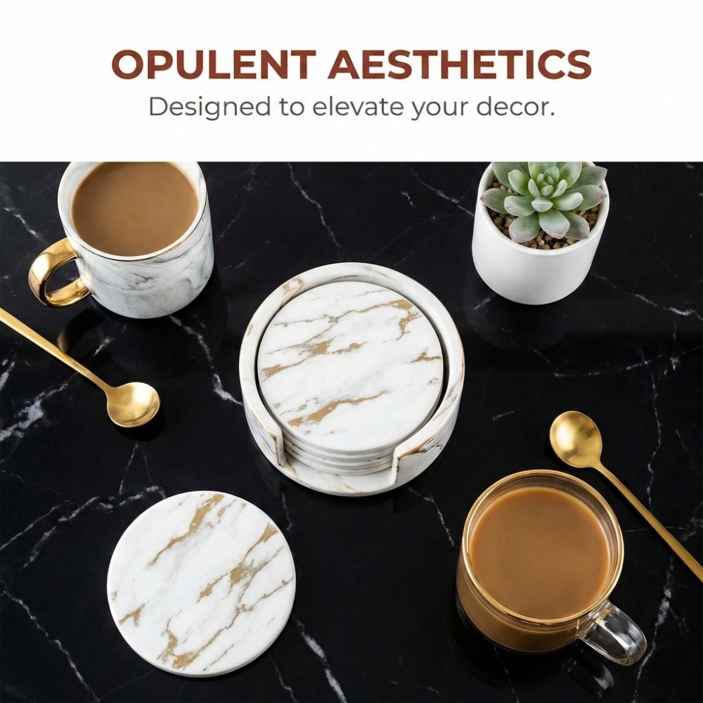 Marble Coaster Set - ชุดจานรองแก้ว 7 ชิ้น จานรองแก้วหนัง PU ลายหินอ่อนทรงกลม
