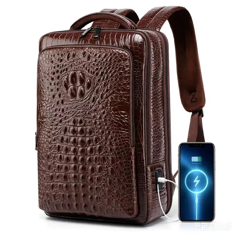 Leather Briefcase - กระเป๋าเป้สะพายหลังหนังลายจระเข้สำหรับผู้ชายรุ่นใหม่ พร้อมช่อง USB เปิด-ปิดได้ 180 องศา