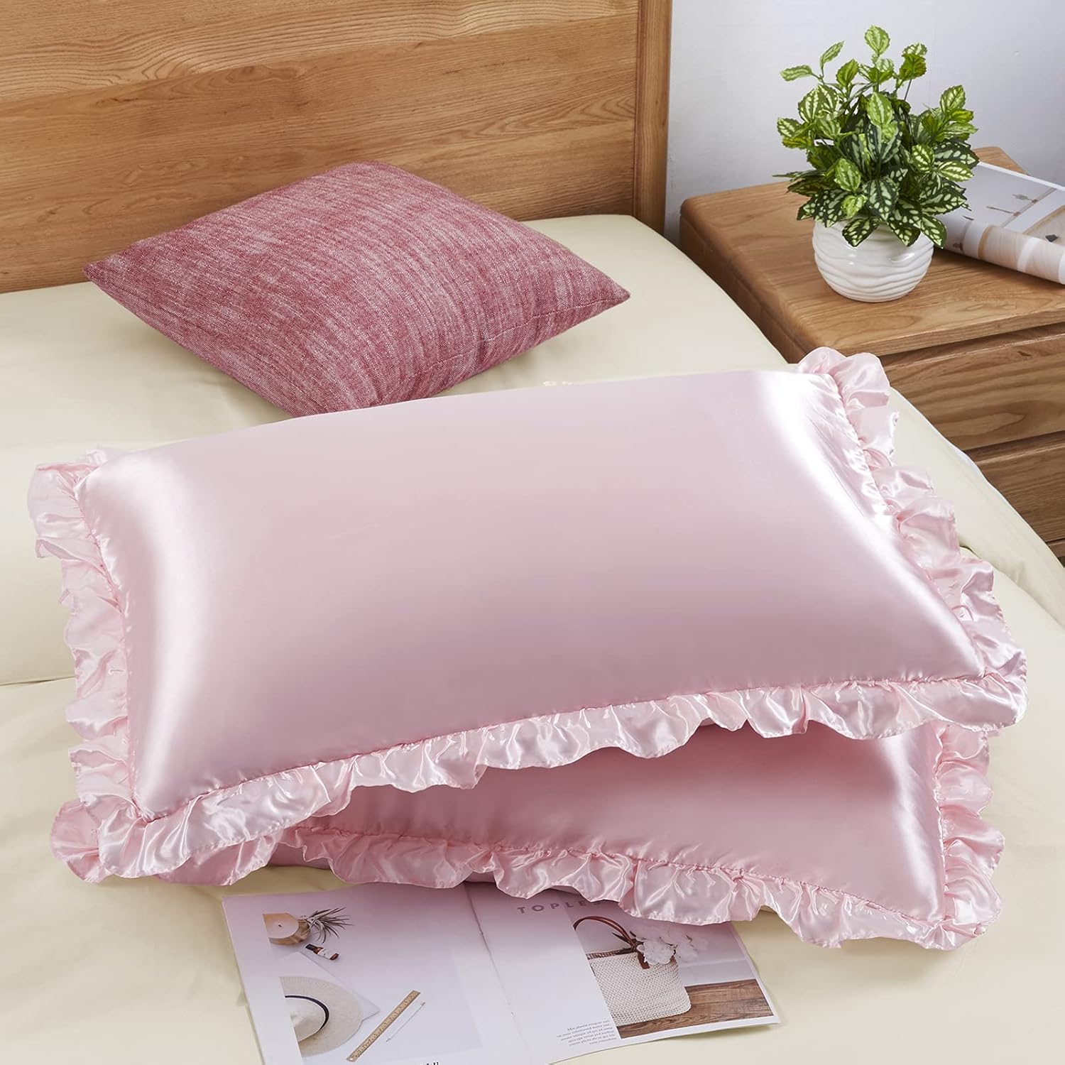 Silk Pillowcase - ปลอกหมอนผ้าซาติน 2 ชิ้น สำหรับผมและผิวหนัง ปลอกหมอนผ้าไหมสีพื้นพร้อมซิปปิด ตกแต่งห้องสไตล์เจ้าหญิง