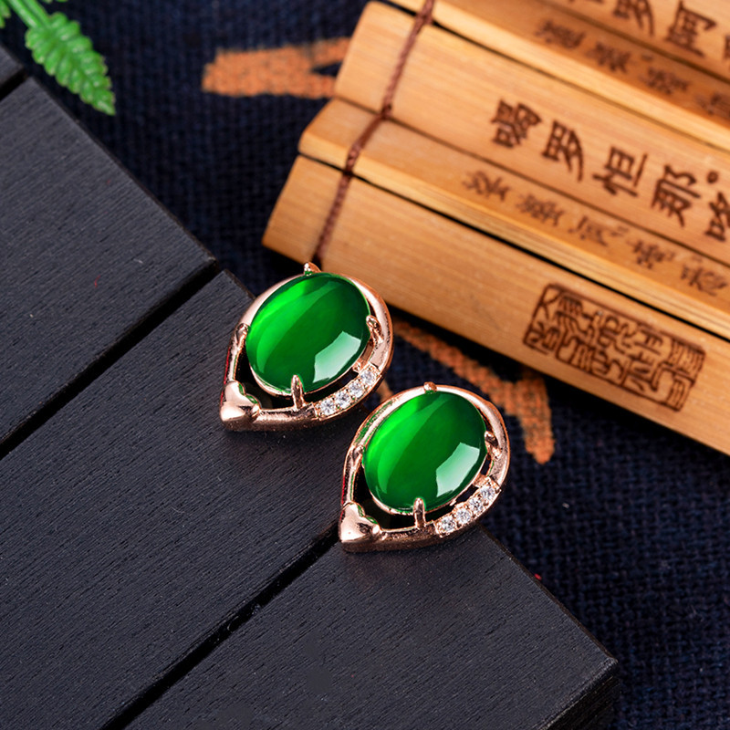 Gold Plated Jewelry - ต่างหูหยกธรรมชาติรูปดอกไม้หินต่างหูแบบสตั๊ดเครื่องรางชุบทองคำสีกุหลาบเครื่องประดับแท้ดีไซน์วินเทจ