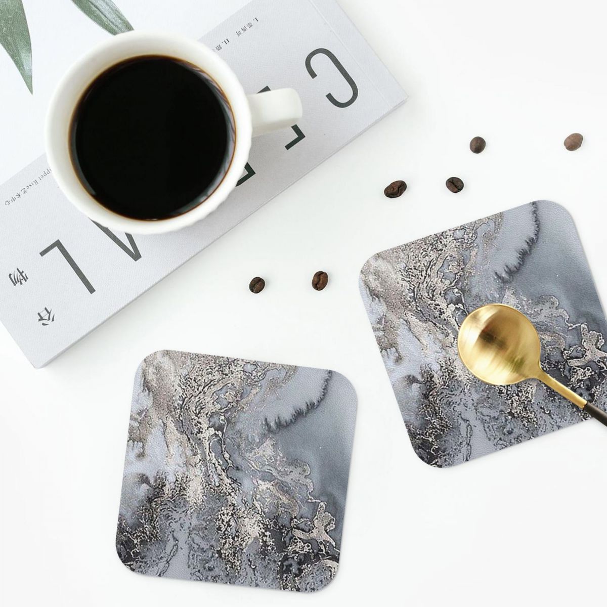 Marble Coaster Set - แผ่นรองแก้วลายหินอ่อนสีเทาและสีเงิน แผ่นรองจานหนัง PVC แผ่นรองกาแฟแบบกันความร้อนสำหรับใช้ในบ้าน ชุด 6