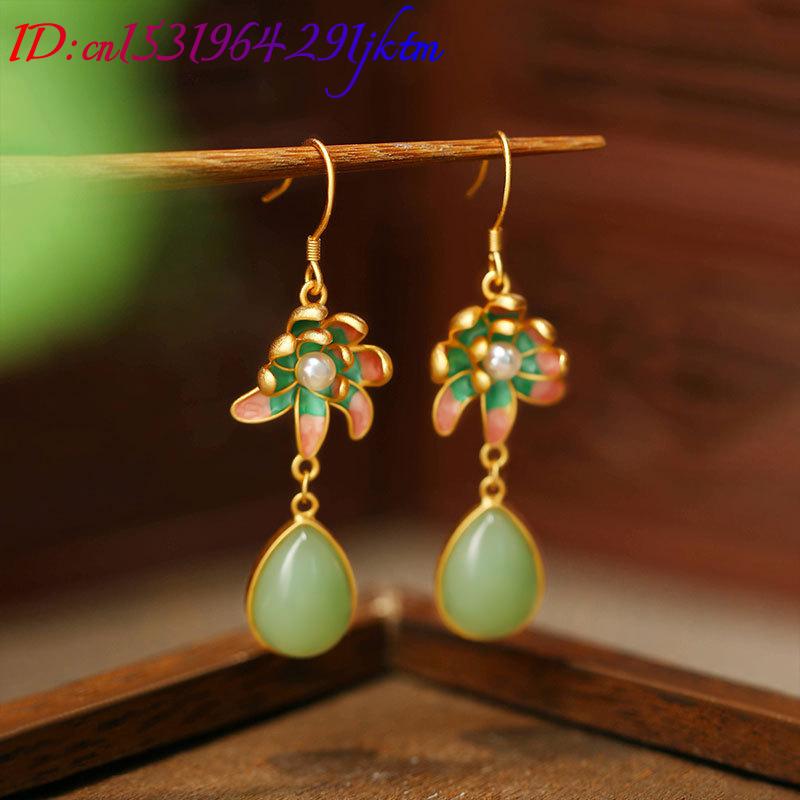 ต่างหูหยดน้ำหยกธรรมชาติสีเขียว - Gold Plated Jewelry บทวิจารณ์และราคา