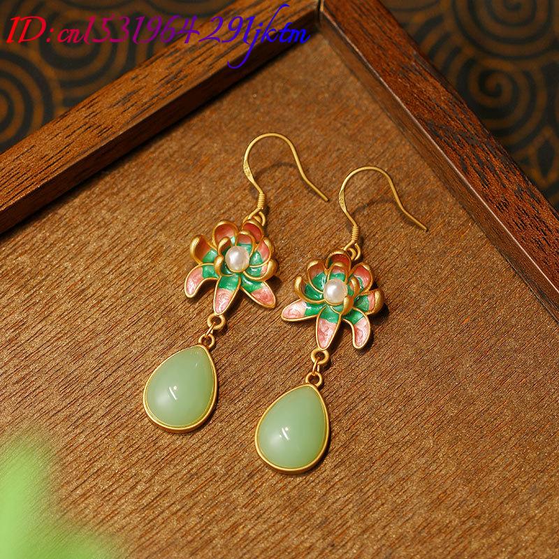 ต่างหูหยดน้ำหยกธรรมชาติสีเขียว - Gold Plated Jewelry บทวิจารณ์และราคา