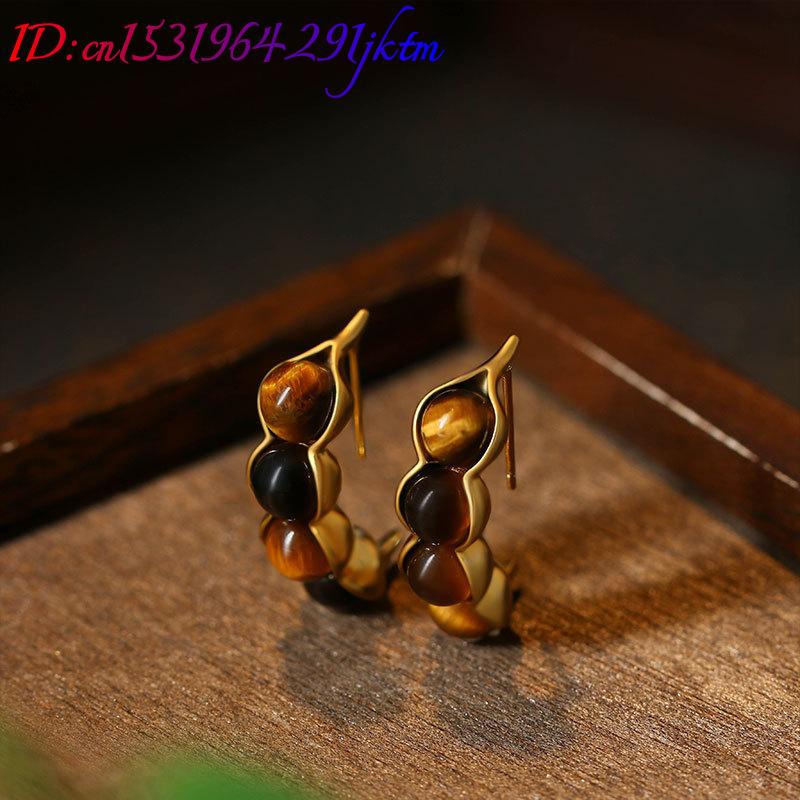 Tiger Eye Pod ต่างหูอัญมณีเครื - Gold Plated Jewelry บทวิจารณ์และราคา