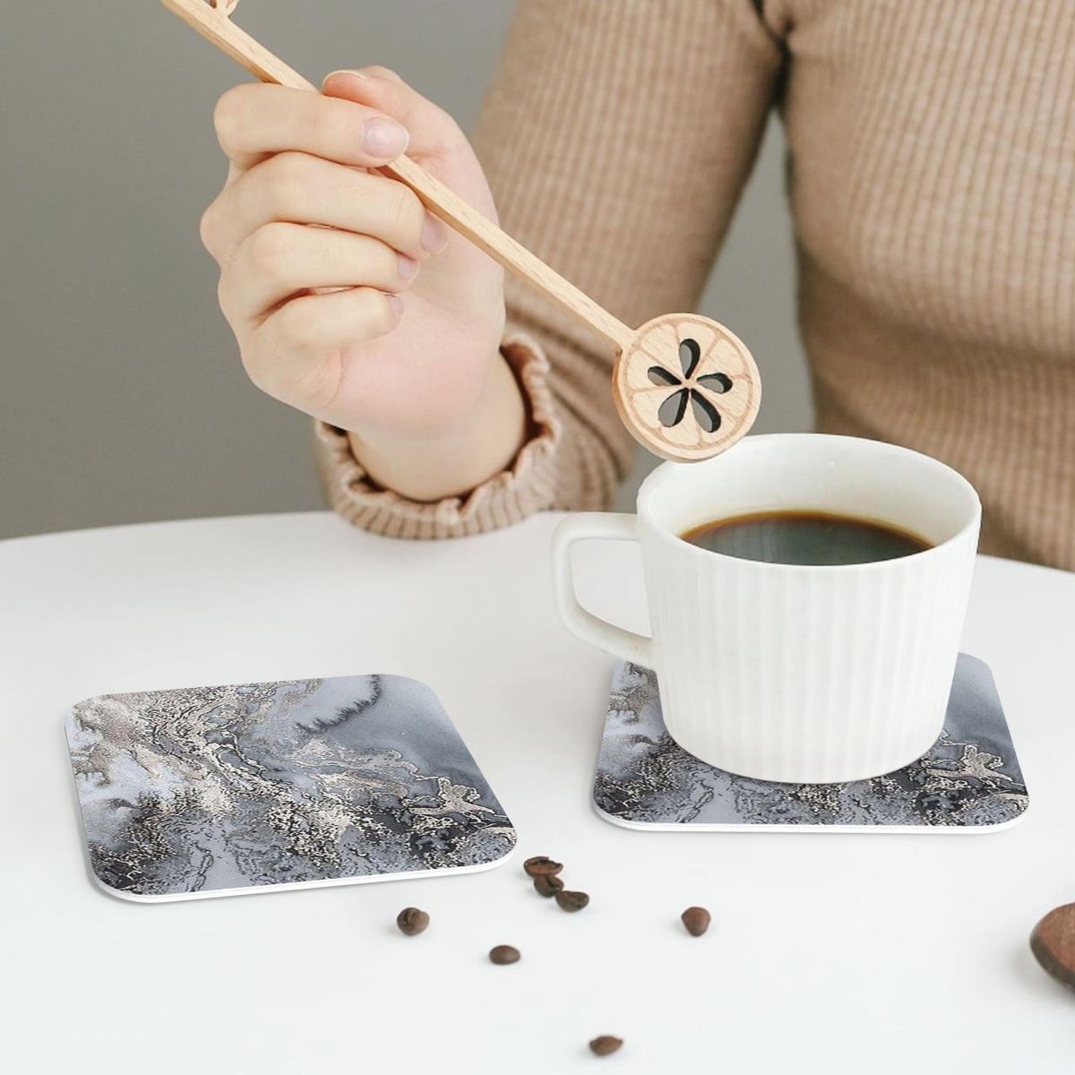 แผ่นรองแก้วลายหินอ่อนสีเทาและส - Marble Coaster Set บทวิจารณ์และราคา